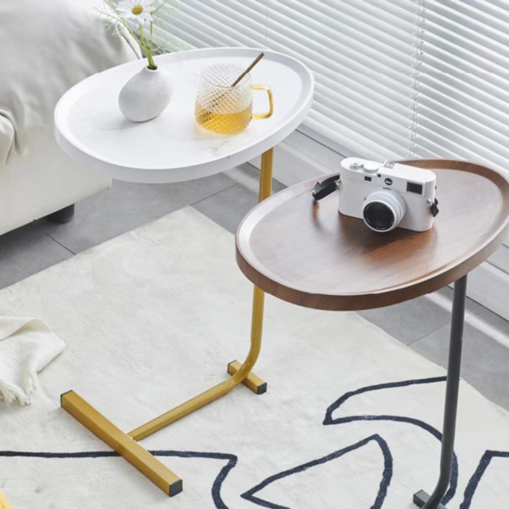 2-pieces C-shaped Side Table Small Sofa Table for Living Room Brown/White