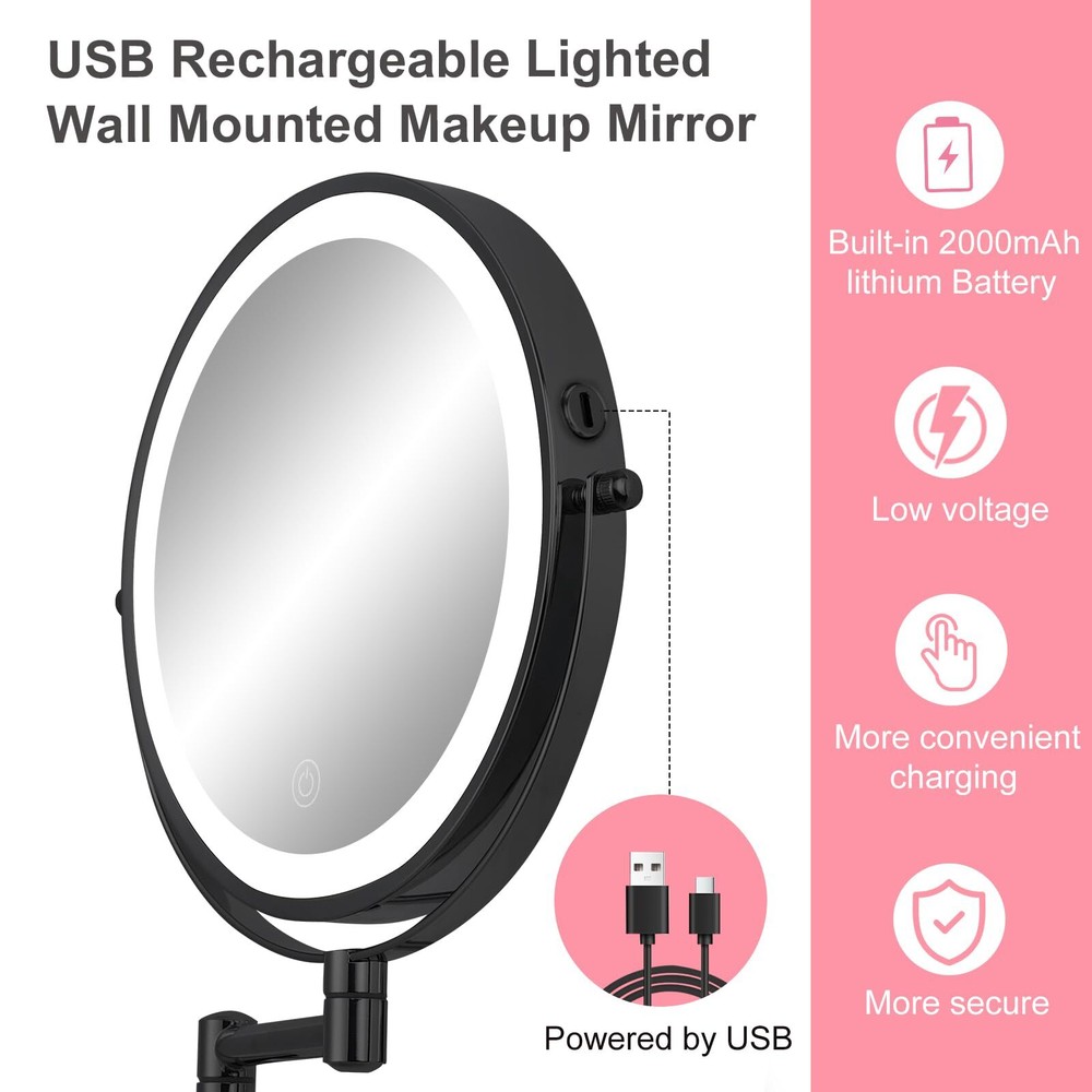 Rechargeable Wall Mounted Lighted Makeup Mirror 8" Double-Sided Magnifying Va...