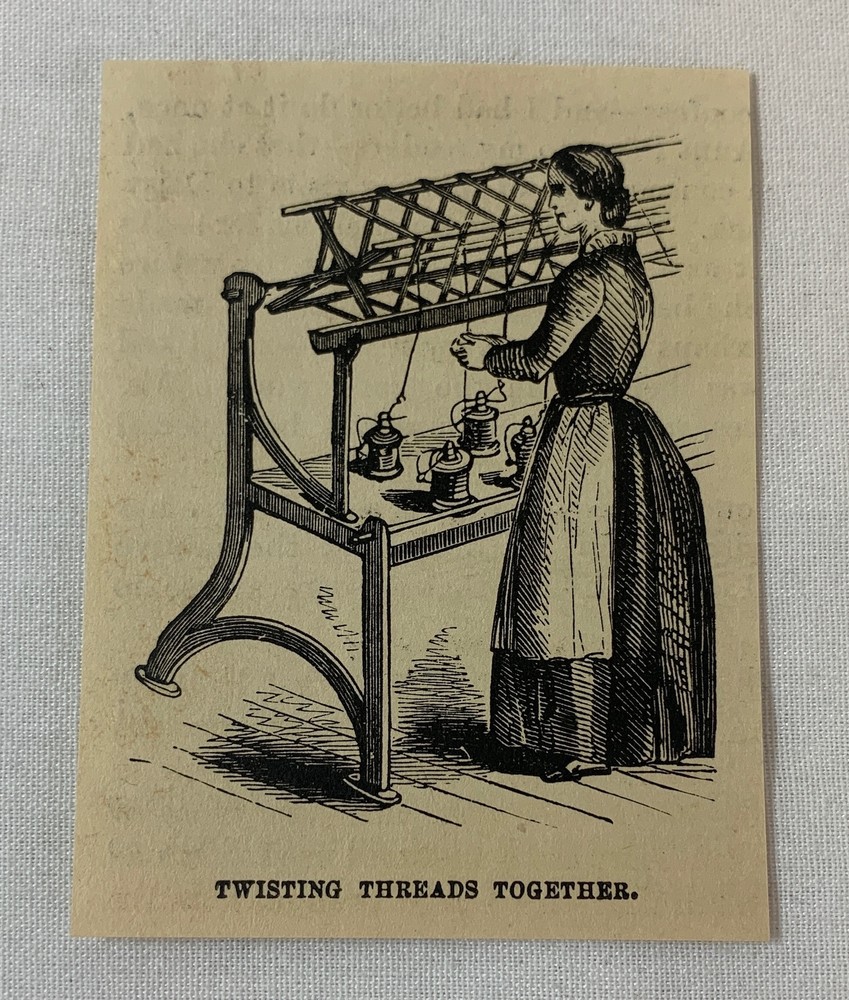 small 1879 magazine engraving ~ TWISTING SILKWORM THREADS TOGETHER
