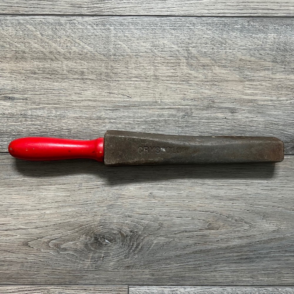 Vintage Crystolon Rectangular Metal Block File Knife Sharpener Red Handle