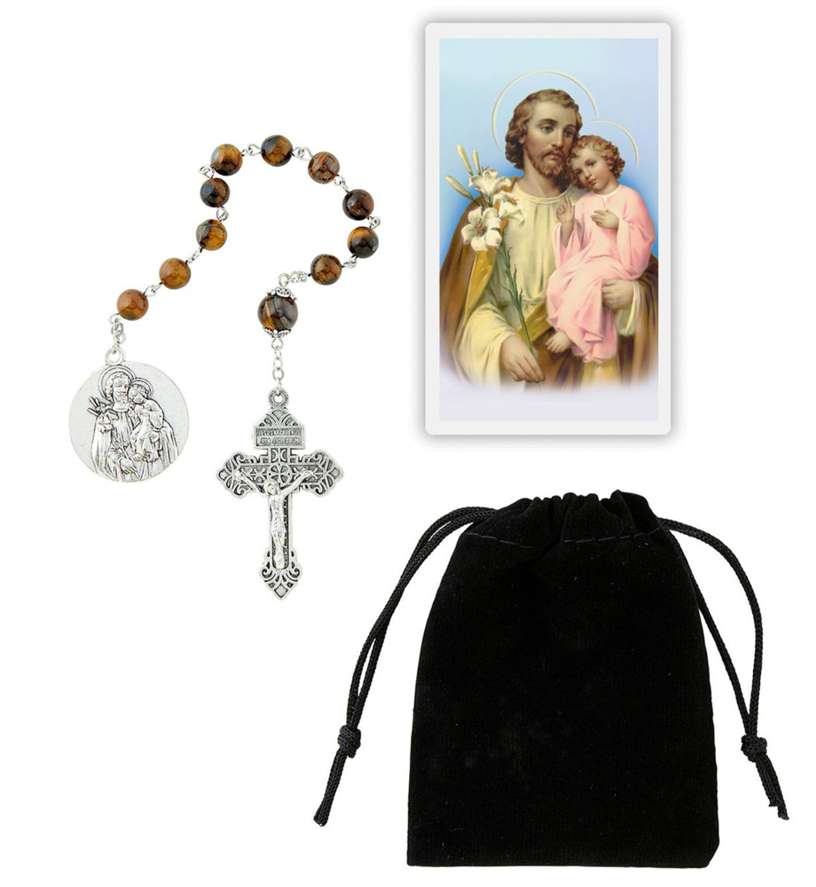 Tiger Eye St. Joseph One Decade Rosary with Laminated Prayer Card & Black Bag