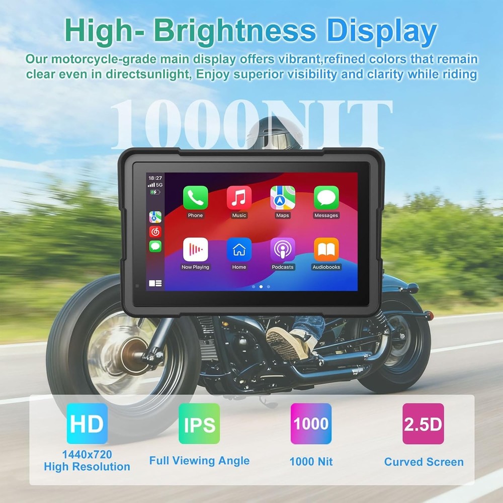 Motorcycle GPS Navigation 7"IPS CarPlay Android Auto Waterproof &Shockproof H1