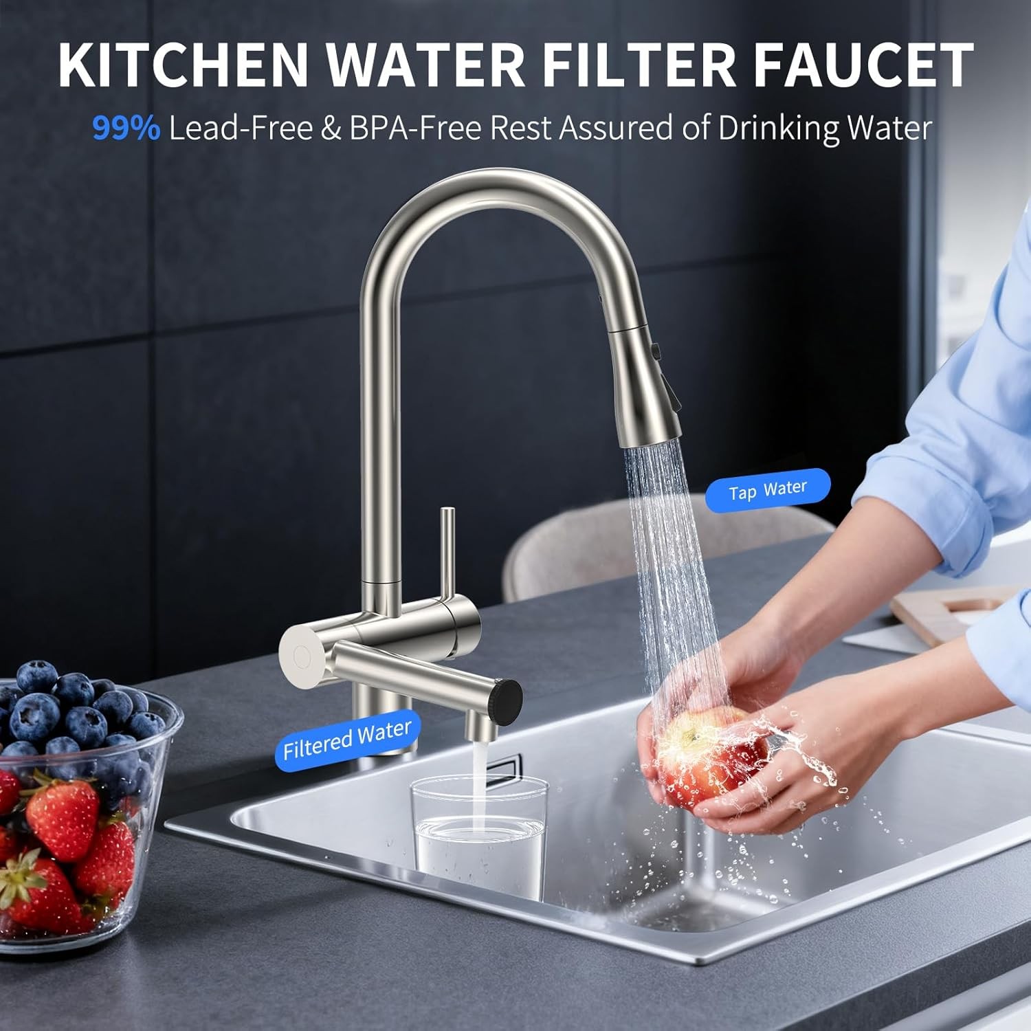 Kitchen Sink Faucet with Filtered Stainless Steel Pull Down Sprayer Swivel Mixer
