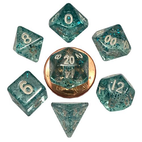 NEW 7 COUNT MINI DICE POLY SET: ETHEREAL LIGHT BLUE WITH WHITE NUMBERS