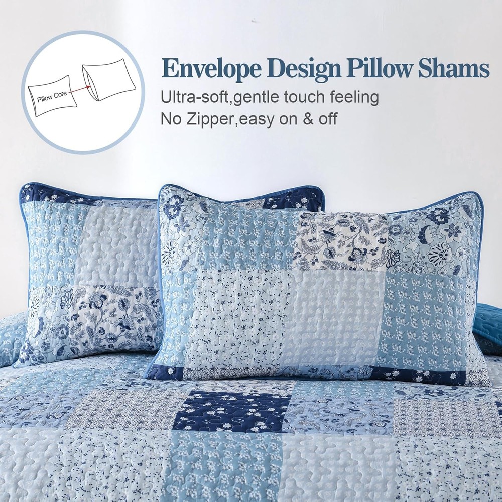 Menghomeus Blue Quilt Set Queen Boho Patchwork Bedspread Floral Queen,