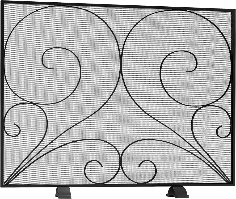 Single Panel Fireplace Screen Handcrafted Solid Wrought Iron Mesh, Heat-Resistan