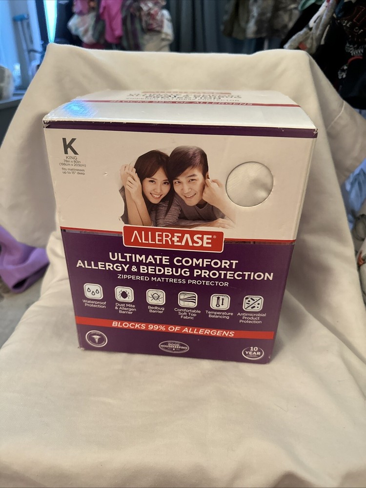 ALLEREASE ZIPPERED MATTRESS PROTECTOR KING SIZE WHITE WATERPROOF ANTIMICROBIAL