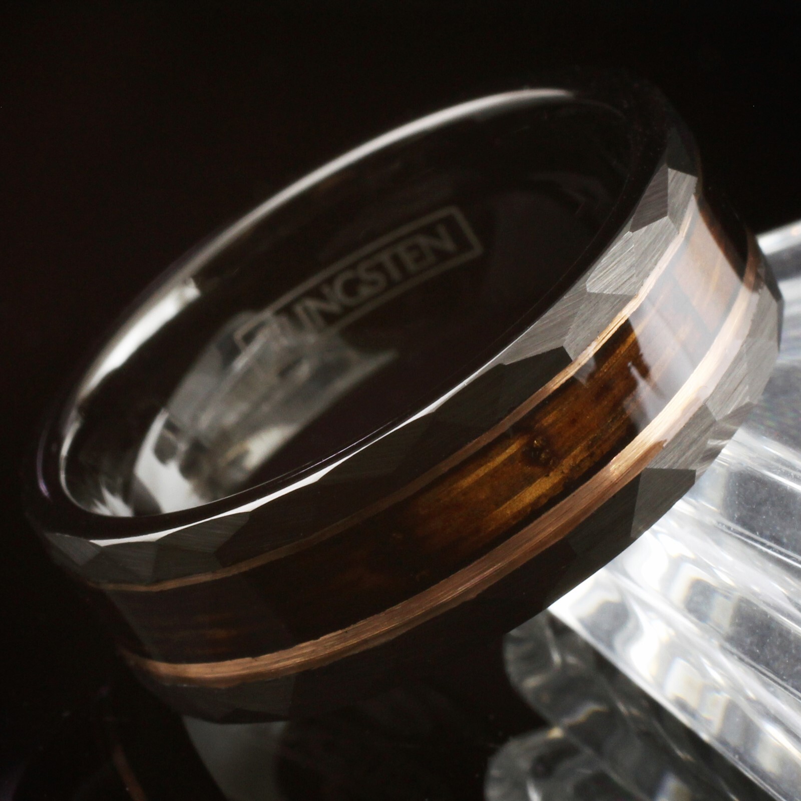 Black Tungsten Men's Ring Charred Whiskey Barrel Rose Gold Plated Wedding Band