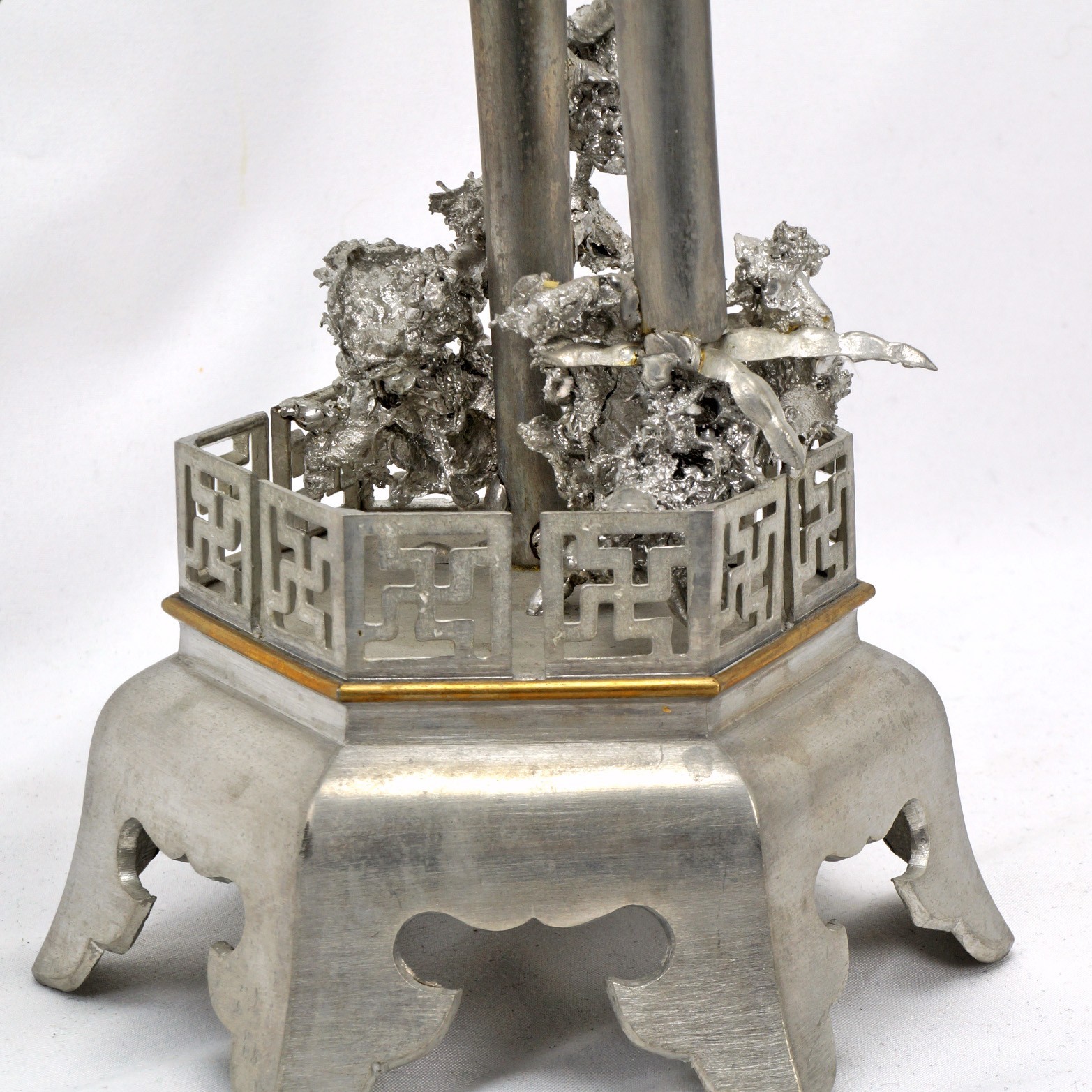 Pair Chinese Mixed-Metal Pewter Crane Sculptures Candlesticks