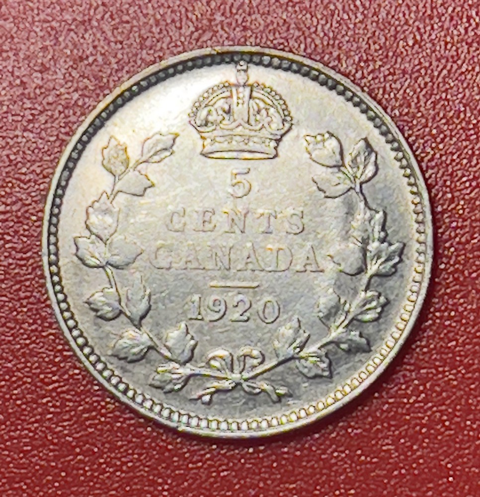 1920 Canada Silver 5 Cents, AU/BU.