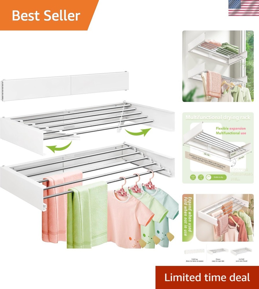 Foldable Wall-Mounted Laundry Drying Rack - Compact, Durable, White Steel