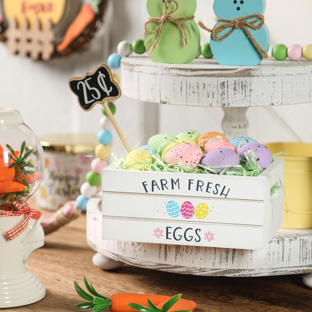 KORMMCO Easter Mini Wood Crate Decorations Set, Eggs Decor, White