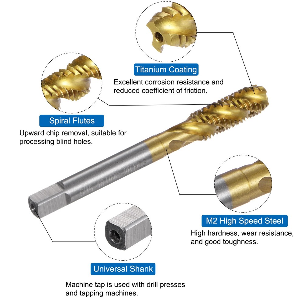 Spiral Flute Thread Taps 5/16-18 UNC 2B Titanium Coated Screw Threading Tapping