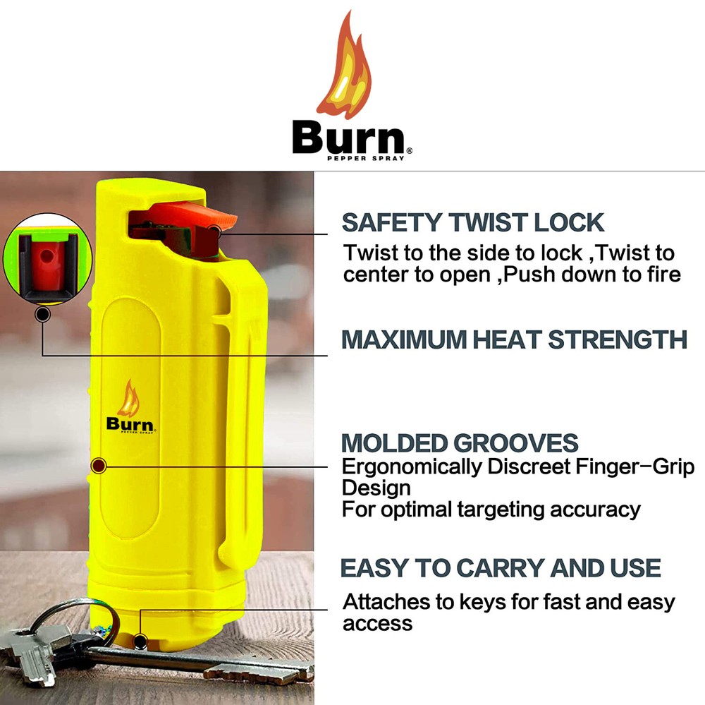 BURN Pepper Spray 1/2oz Keychain Hard Shell Security Safety Lock Case Yellow