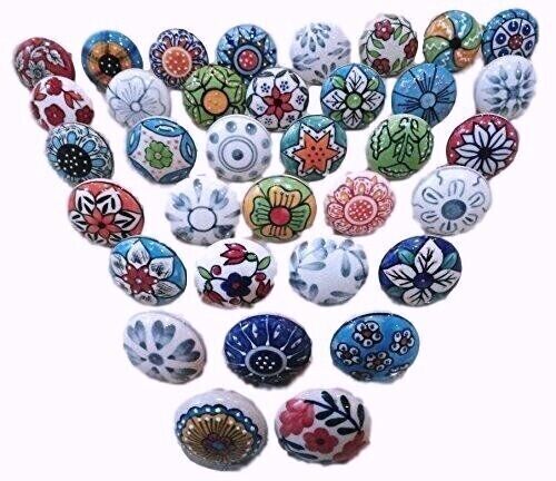 Set 20 Pc Assorted Ceramic Handmade Indian Door Knobs Cabinet Cupboard