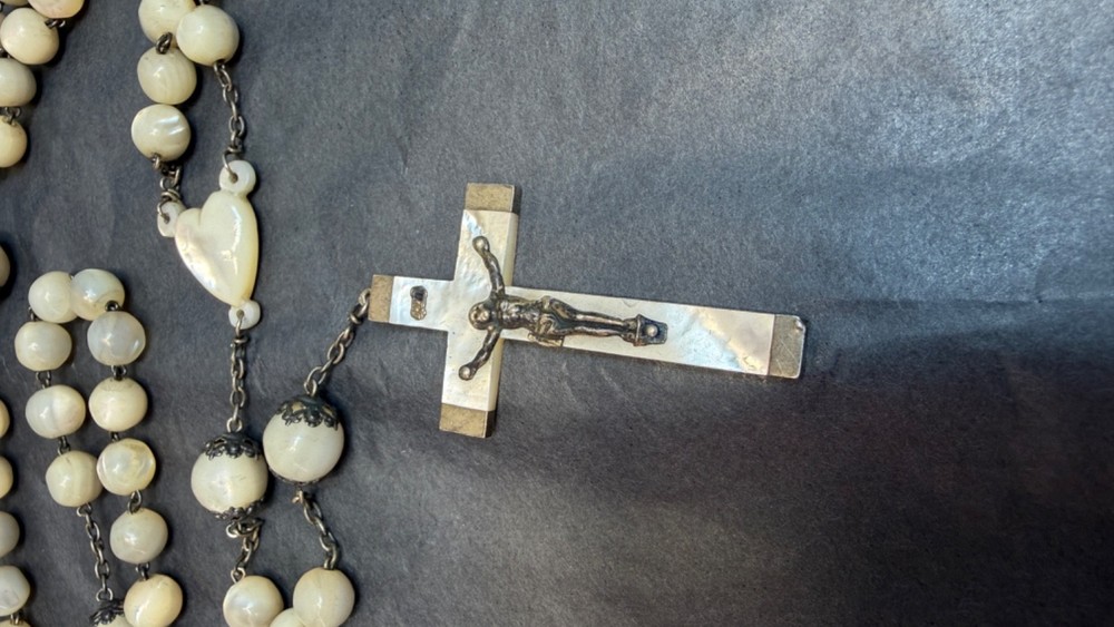 Victorian Big Rosary Filigree Silver MOP Mother Of Pearl Communion 2'' Crucifix