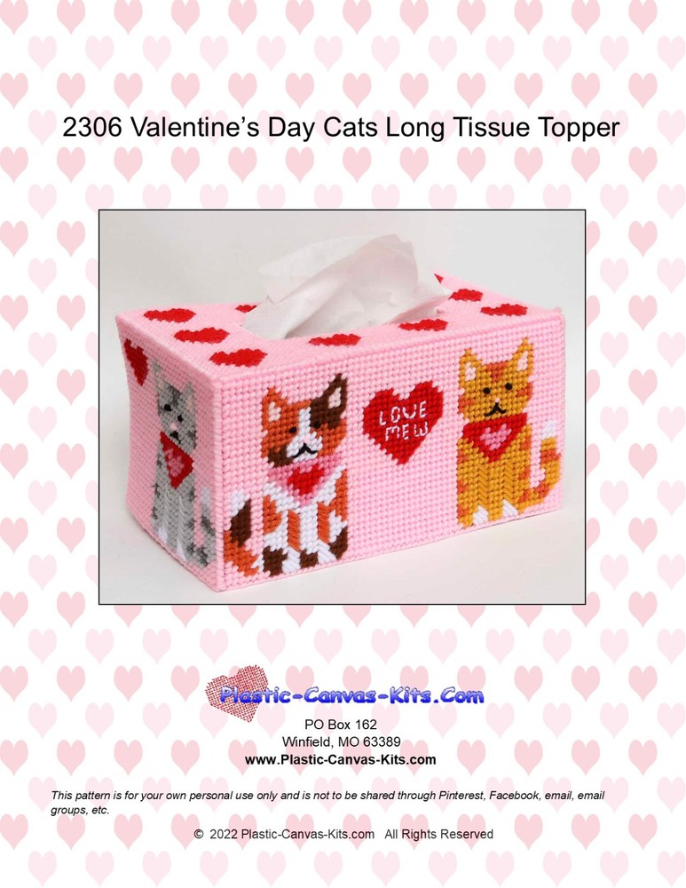 Valentine's Day Cats Long Style Tissue Topper-Plastic Canvas Pattern or Kit