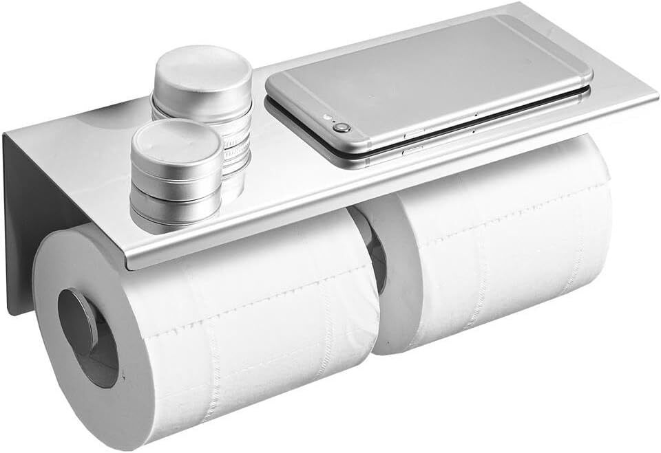 Wall Mounted Toilet Paper Holder with Phone Shelf Bathroom Double Roll Holder US