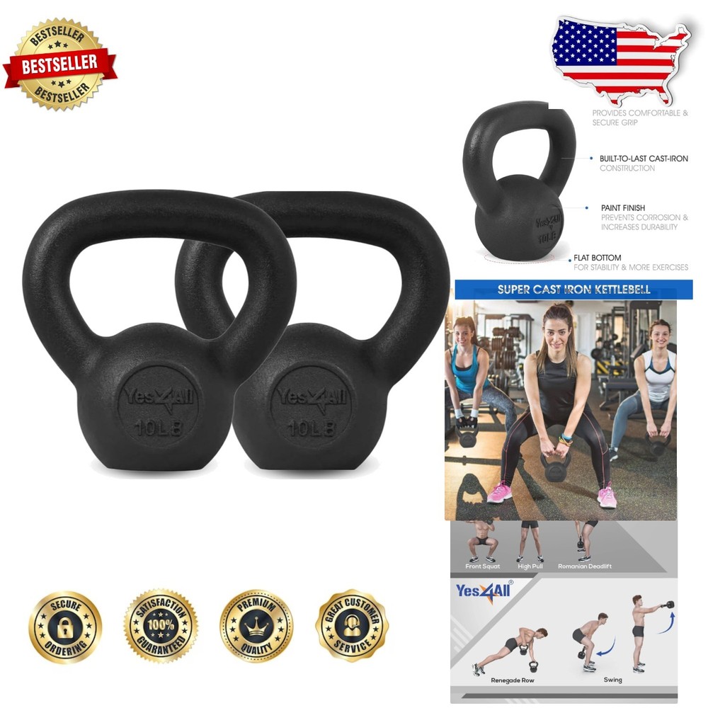 Cast Iron Kettlebell Pair 10LB: Solid Strength Training Weights, Smooth Handle