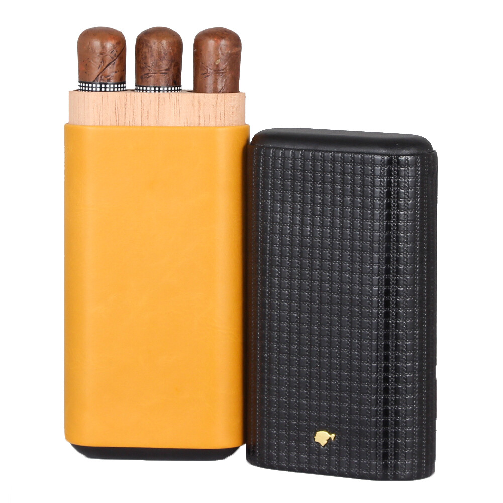 Leather Cedar Wood Cigar Case Portable Humidor 3 Cigars Tubes Yellow Box Gift