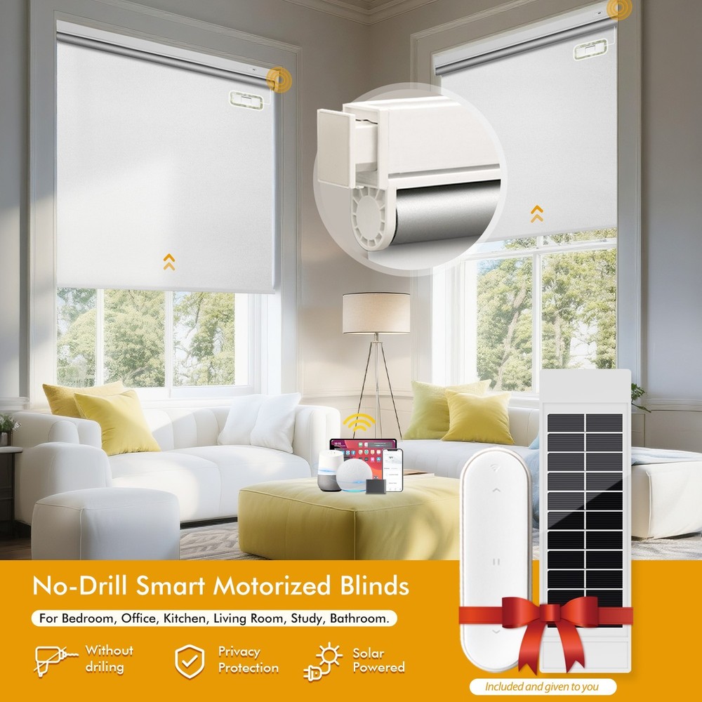 Cordless No-Drill Motorized Roller Blinds with Remote Control Solar Panel Includ