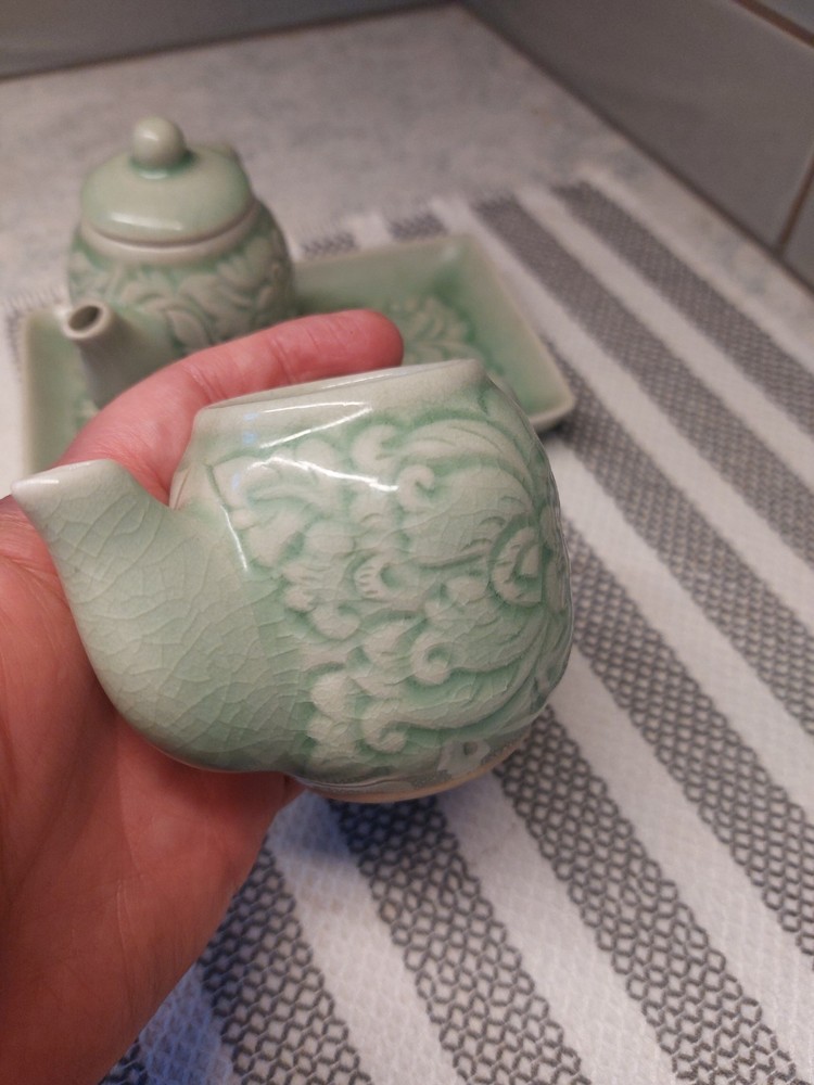 Celadon Green 3 Piece Ceramic Condiment Set *Missing One Lid*
