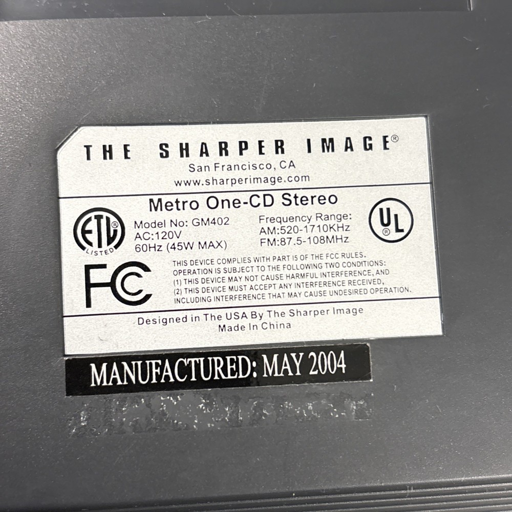 Sharper Image Metro One GM402 Stereo CD Player Silver AUX Input