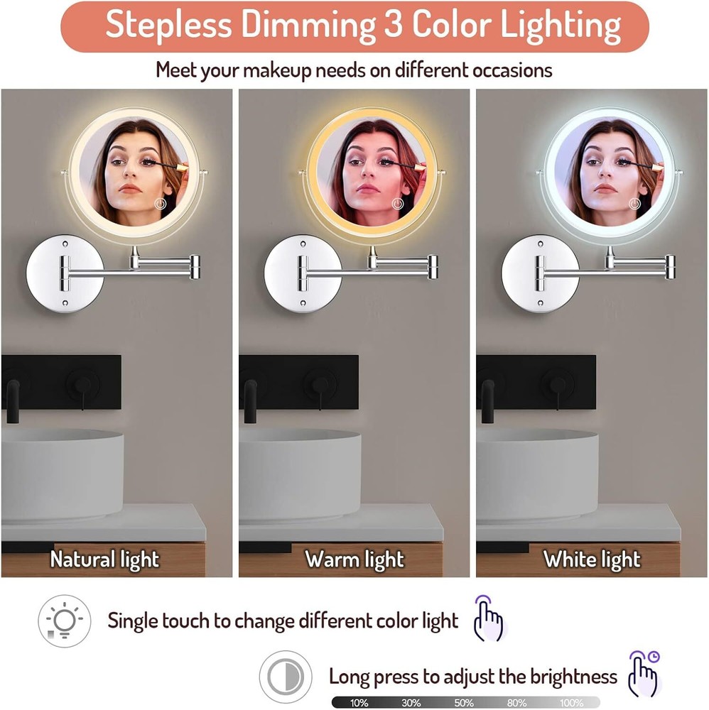 Rechargeable Wall Mounted Cosmetic Mirror with Lights (Chrome)