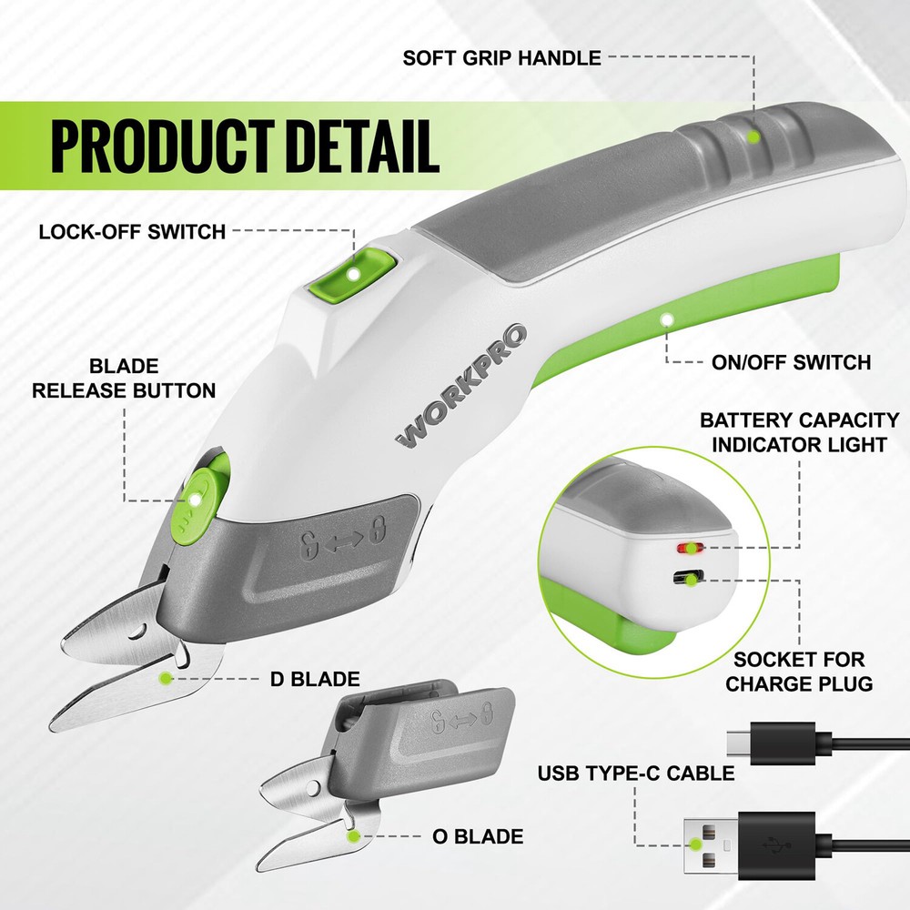 WORKPRO Cordless Electric Scissors 4V Rechargeable Powerful Shears Cutting Tool