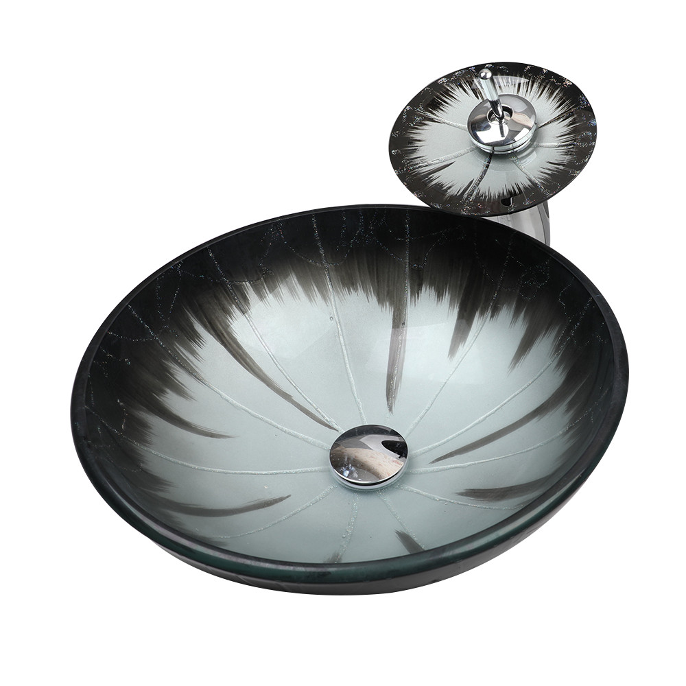 US Bathroom Vessel Sink Washing Round Tempered Glass Bowl Faucet Mixer Tap Combo