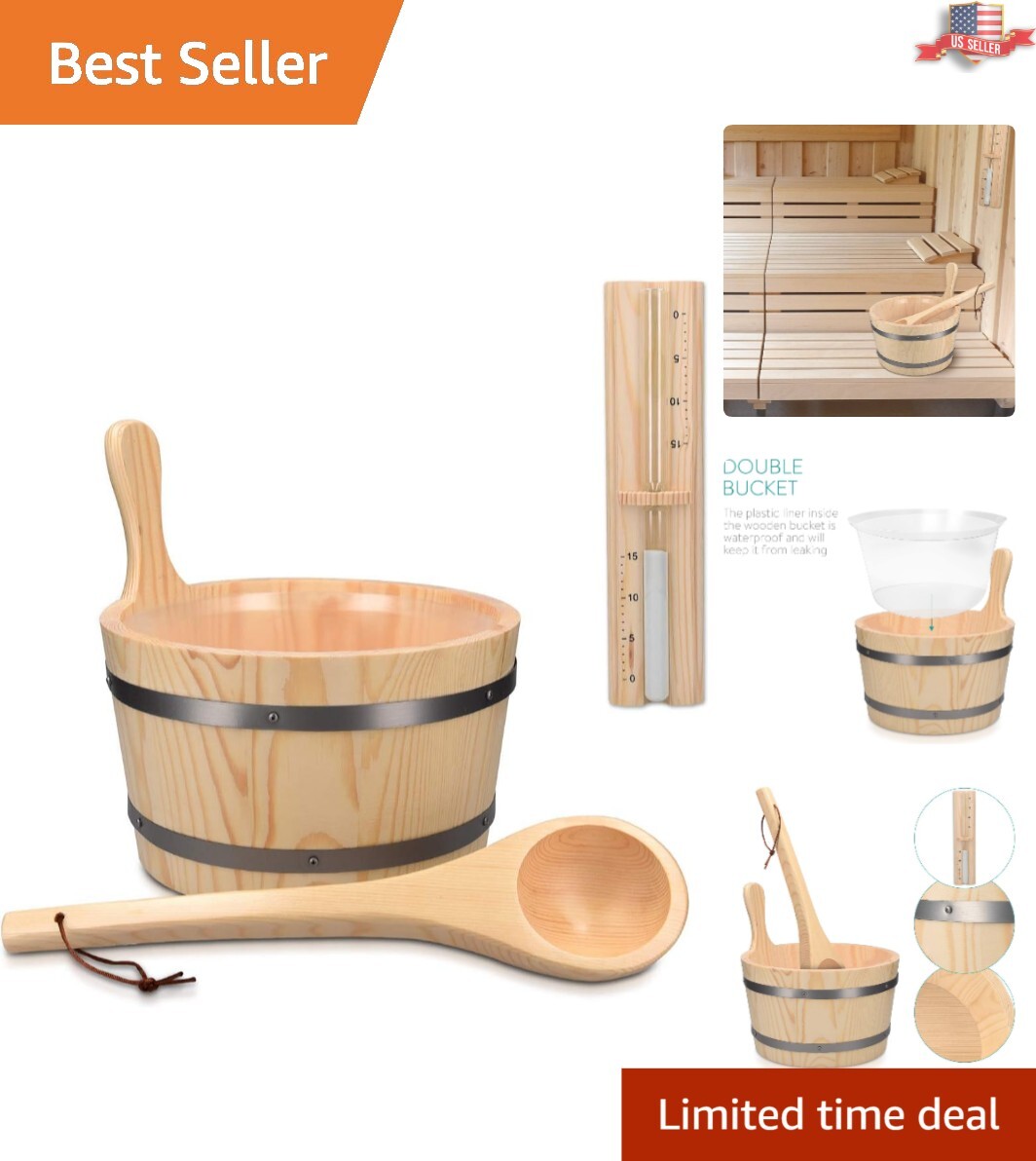 Luxury Sauna Accessory Set: Wooden Bucket, Ladle, and Sand Timer—1.3g Capacity