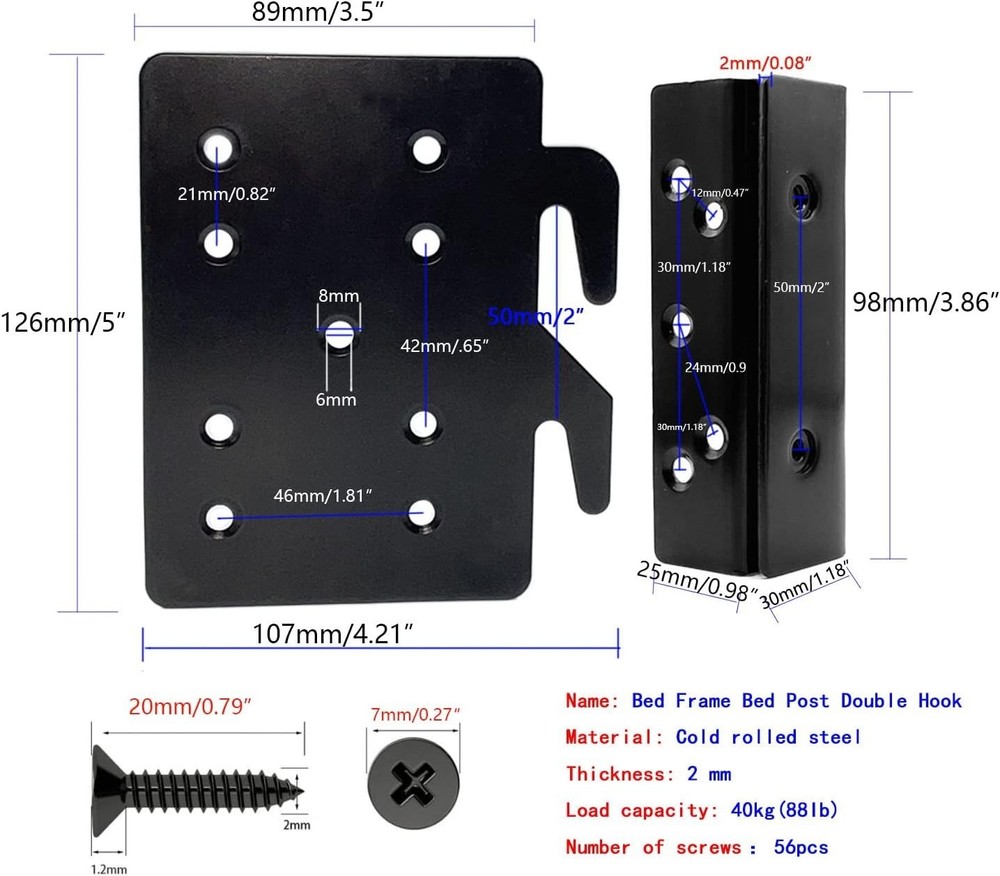 Bed Frame Post Double Hook Slot Hardware Attachment Bracket，Bed Rail Hooks Cold