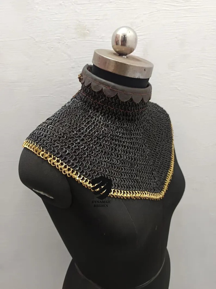 Chainmail Collar 6mm Flat Ring Riveted With Brass Trim Medieval Gorget