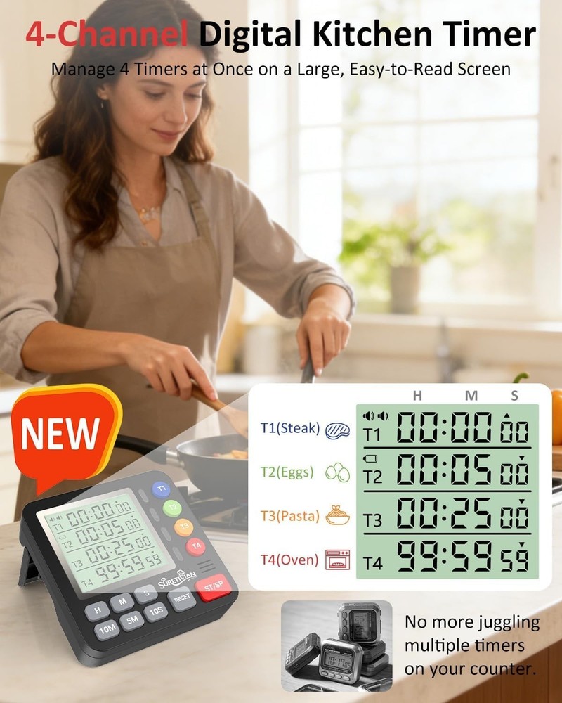 Digital Kitchen Timer for Cooking - 4 Channel Count Up Countdown Timer with L...