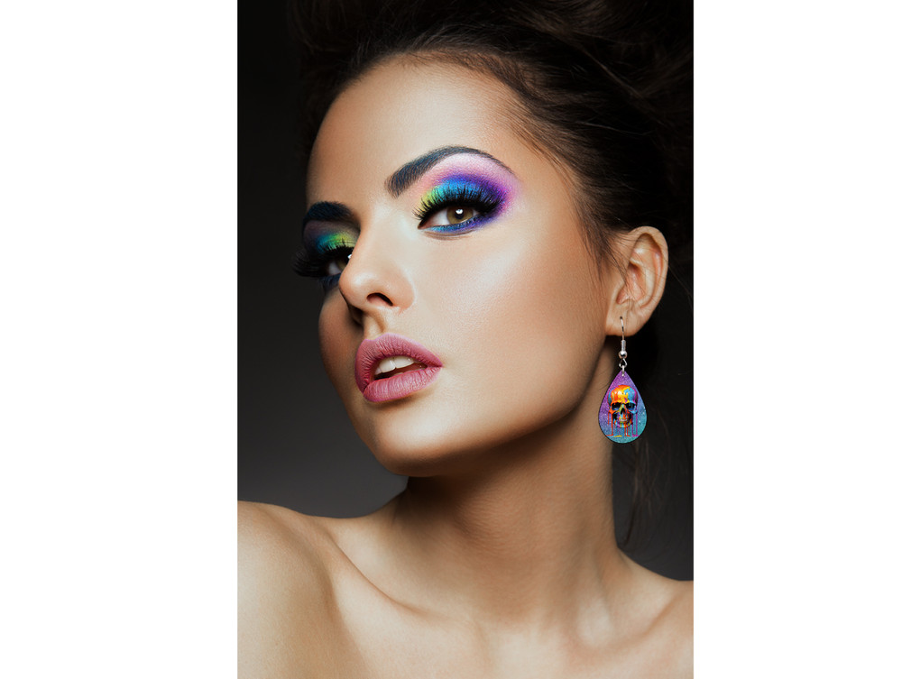 Glitter Rainbow Dripping Skull Teardrop Earrings