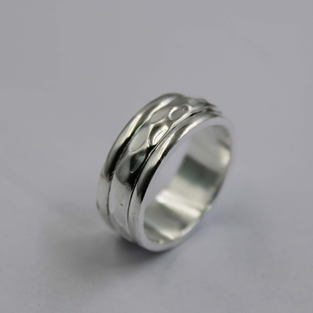 Solid 925 Sterling Silver Wide Band Ring Textured Pattern Unisex Modern For Her