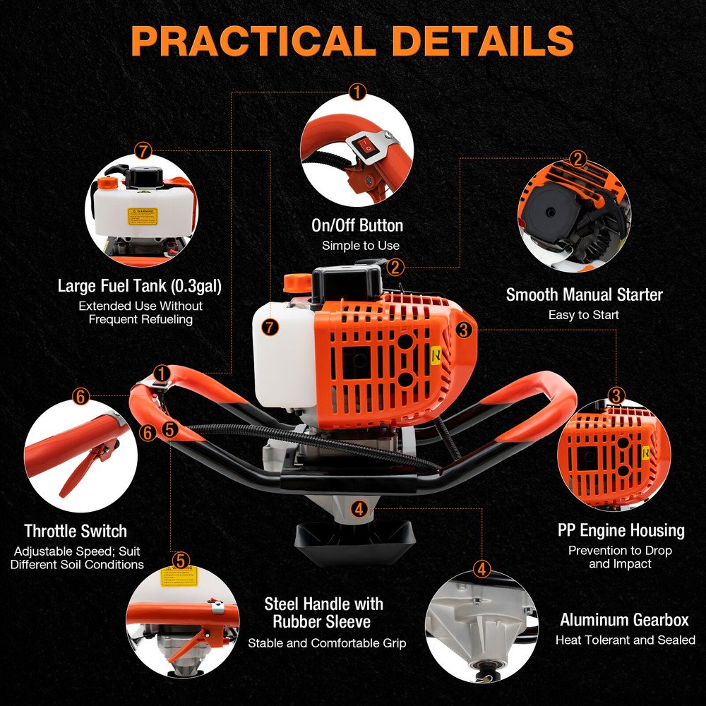 2-Stroke 52CC Gas Powered Earth Auger One Man Post Hole Digger Machine&Bit Lock