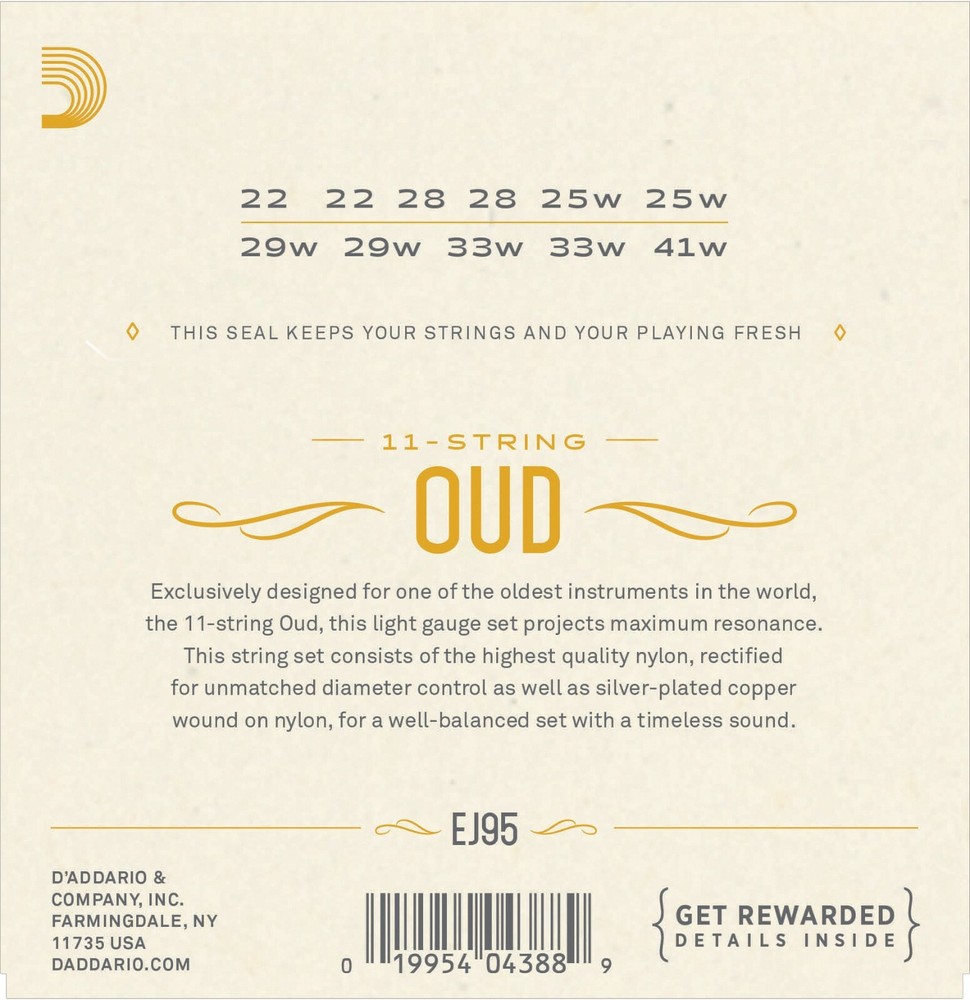 EJ95 D'Addario Oud 11-String Set Silver Plated Copper