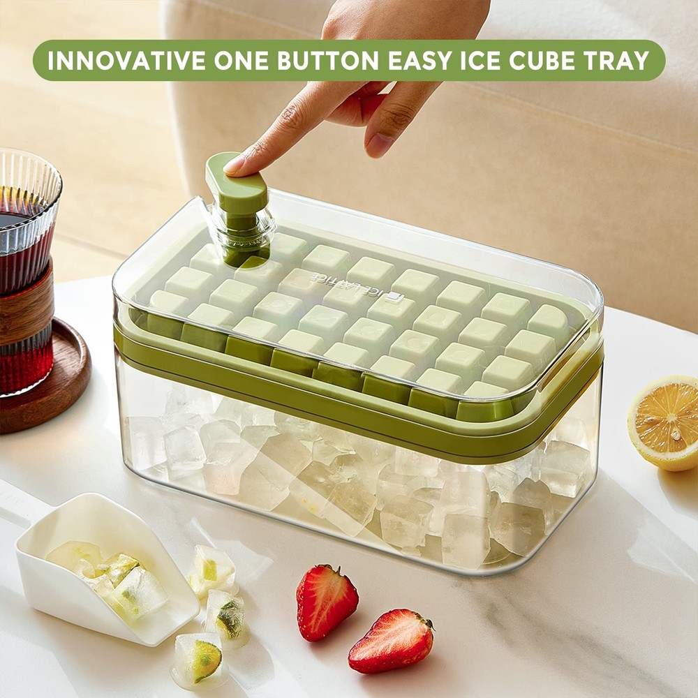One Button Release Ice Cube Tray w/ Lid Container Tiny Freezer Mold Crushed Ice