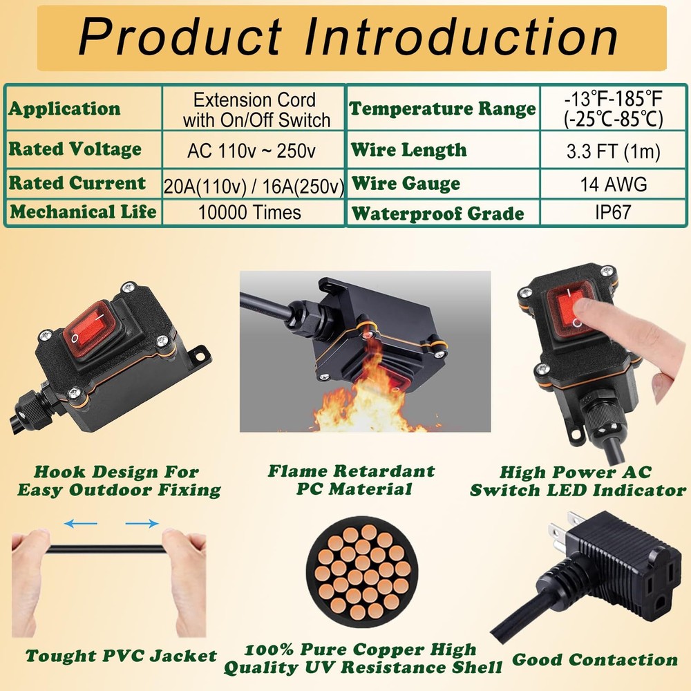 Inline Cord Switch 3ft Cable Waterproof 3-Pronged Plug On/Off Rocker Button
