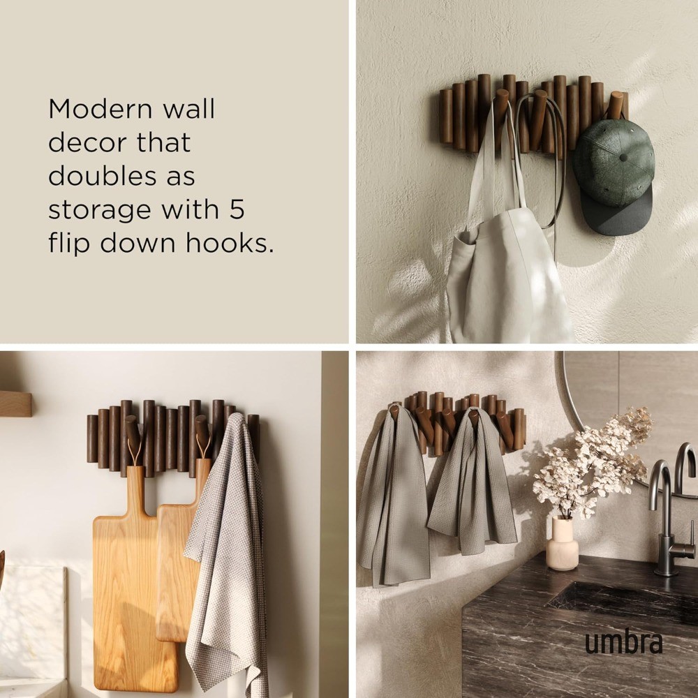 Modern Wall-Mounted Coat Rack, 5 Retractable Pegs, Walnut