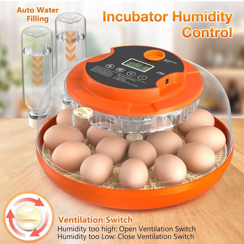 Incubator for Hatching 18 Eggs Chicken Duck Smart Temperature Humidity Control