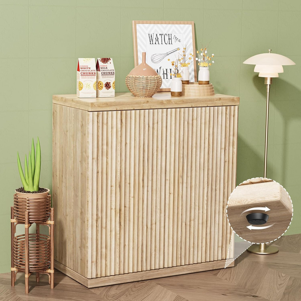 Modern Fluted Buffet Cabinet with Storage, 2 Doors & Adjustable Shelf, Oak