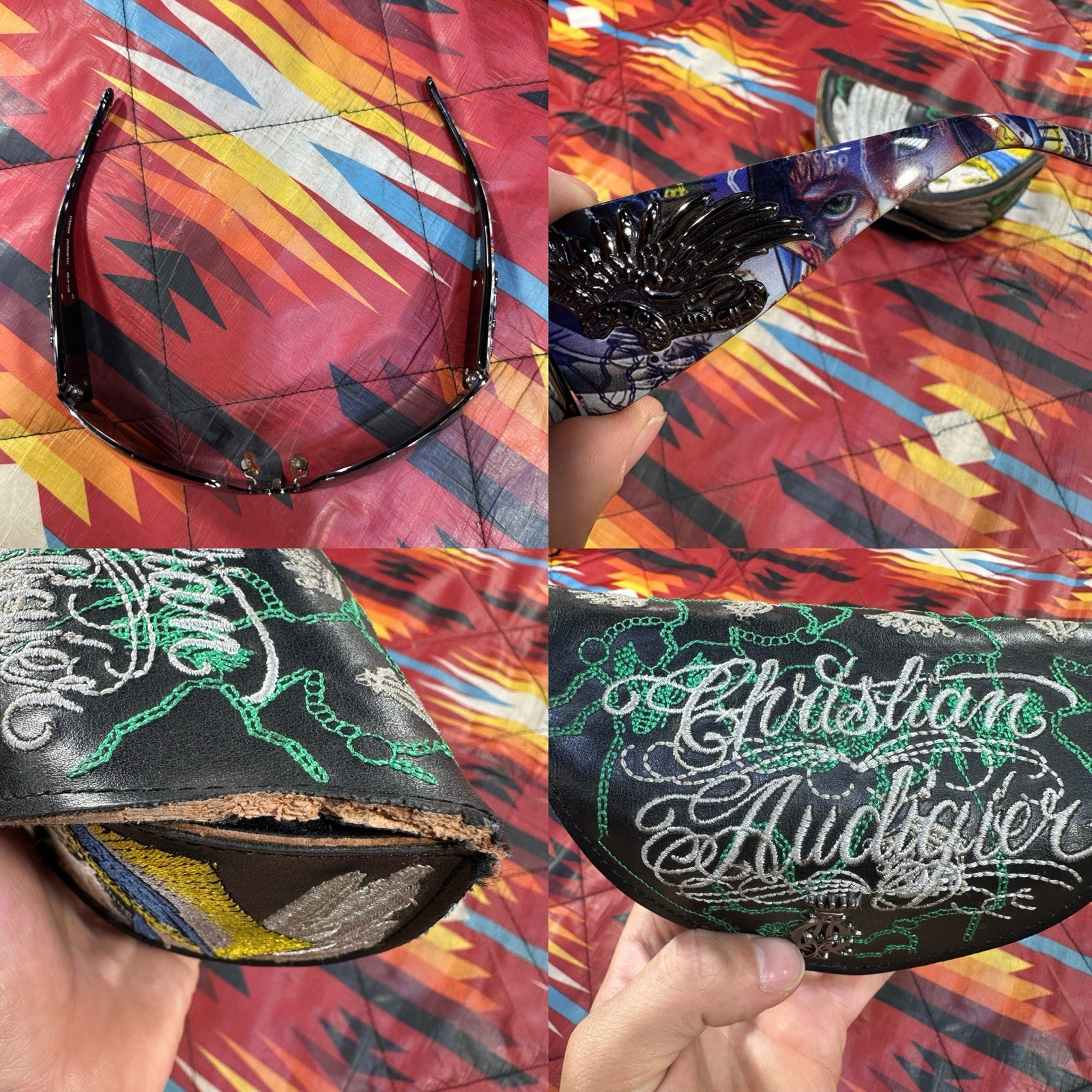 Christian Audigier CAS404 Gunmetal Virgen Mary Sunglasses Y2K RARE w/ Case