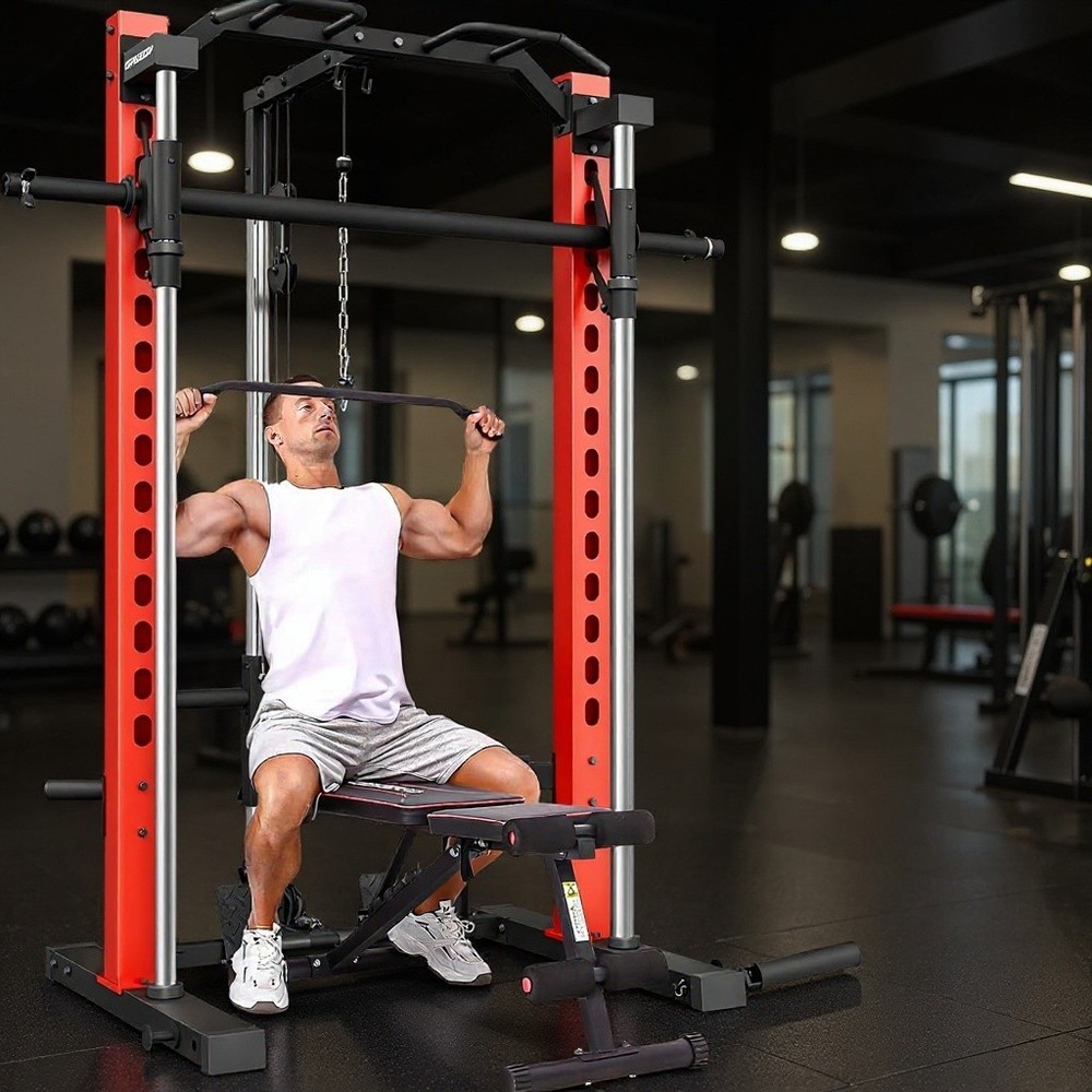 1400 Lbs Smith Machine Multi-Function Squat Rack with LAT-Pull Down Power Cage