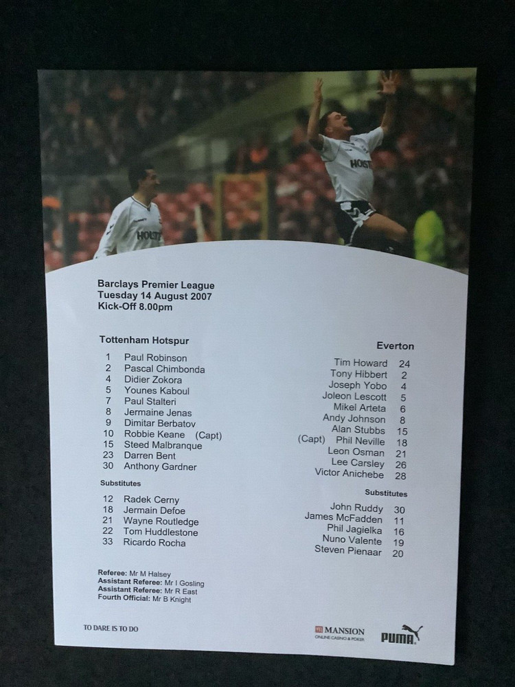 2007/8 Tottenham v Everton teamsheet