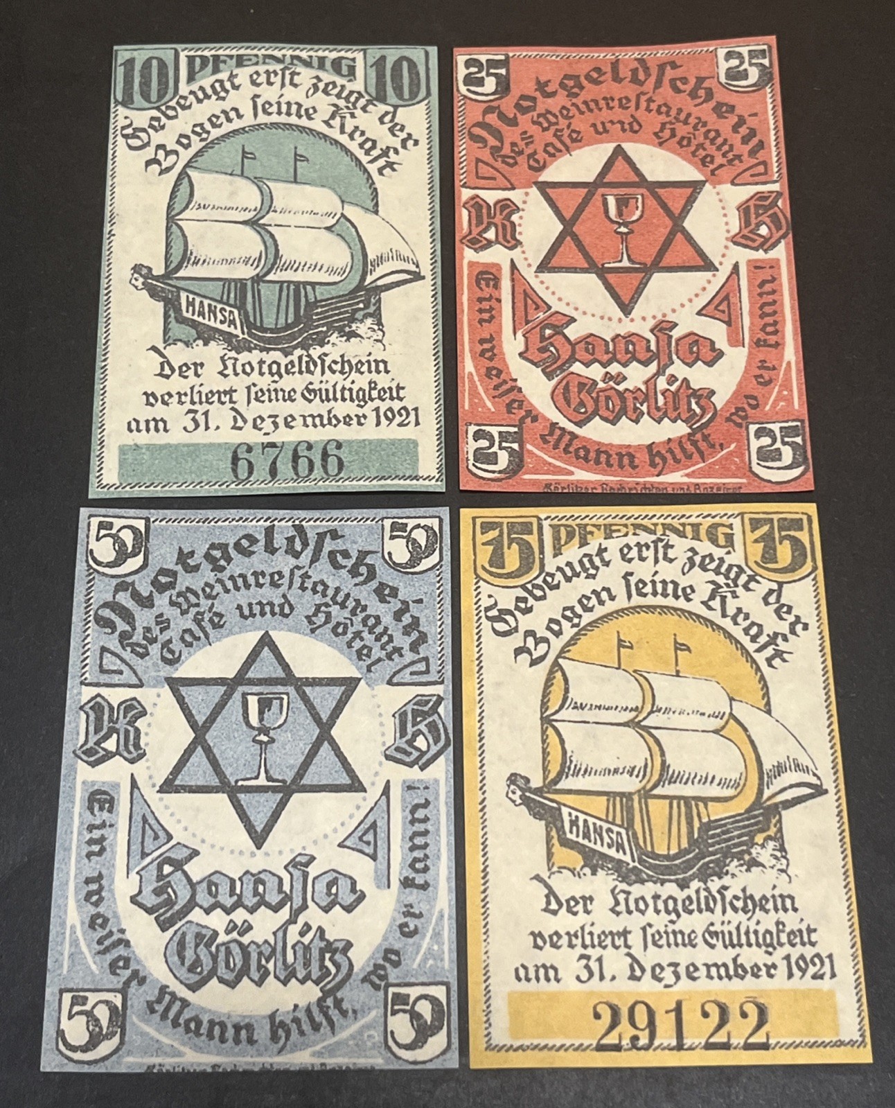 German Notgeld Görlitz 1921 Hansa Set 4 Notes Banknotes Currency WWI