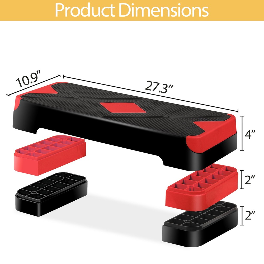 27.3 inch Workout Aerobic Step Platform with Adjustable Risers 4''-6''-8'' Red