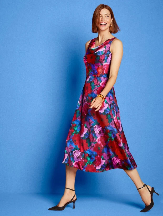 NWT $189 TALBOTS SATIN COWL NECK WRAPPED FLORAL FIT AND FLARE DRESS 16W