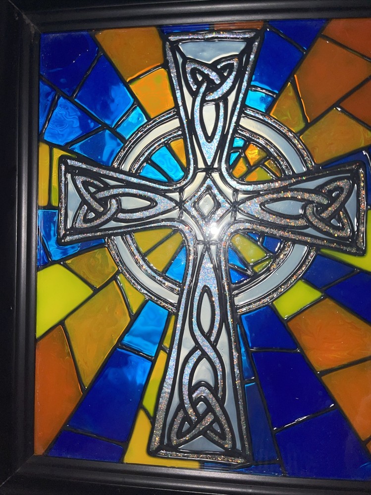 Celtic Cross Stained Glass Window Panel Rectangular Mid-Century Framed 10x12”